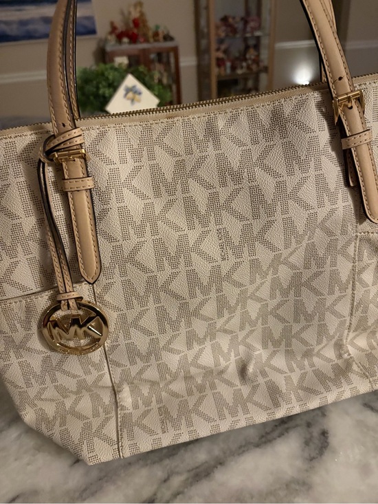 Michael Kors Handbags - Michael Kors Beige Logo Tote with Gold Charm